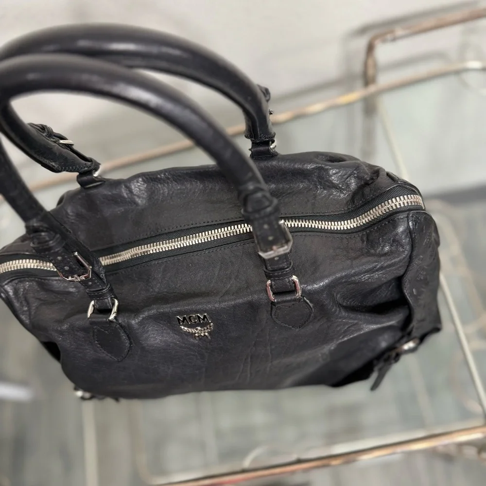 MCM Black Leather Satchel with Silver Accents - Picture 13 of 15